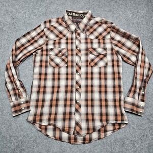 Rock & Roll Cowboy Shirt Mens L Brown Plaid Pearl Snap Long Sleeve Western